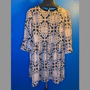 Dahlia London Natalie Art Deco Print Babydoll Dress in Black Size Small EUC